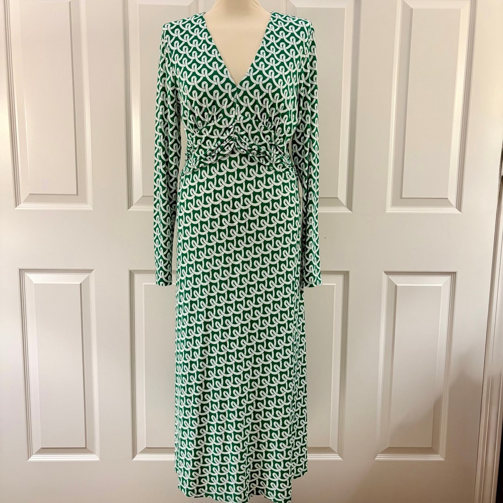 Boden Elodie Empire Green White Geometric Midi Dress Womens 12R